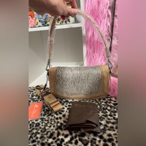 Leather & Hair-on Hide Shoulder Bag in Tan/Grey Montana west NWT